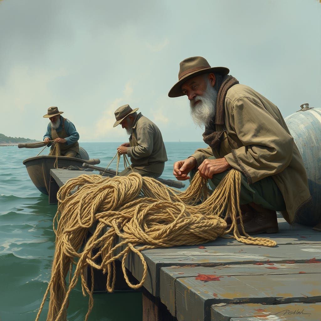 Fisherman Mending Nets: Anime and Watercolor Art