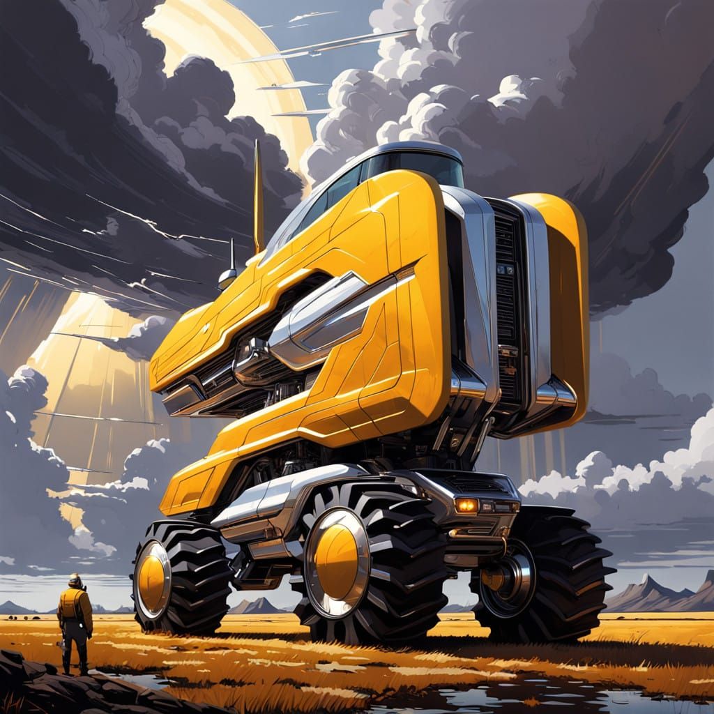 Futuristic Industrial Tractor in Stormy Landscape