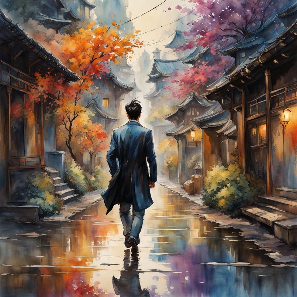 Handsome Japanese Man Walking: Splash Art Watercolor