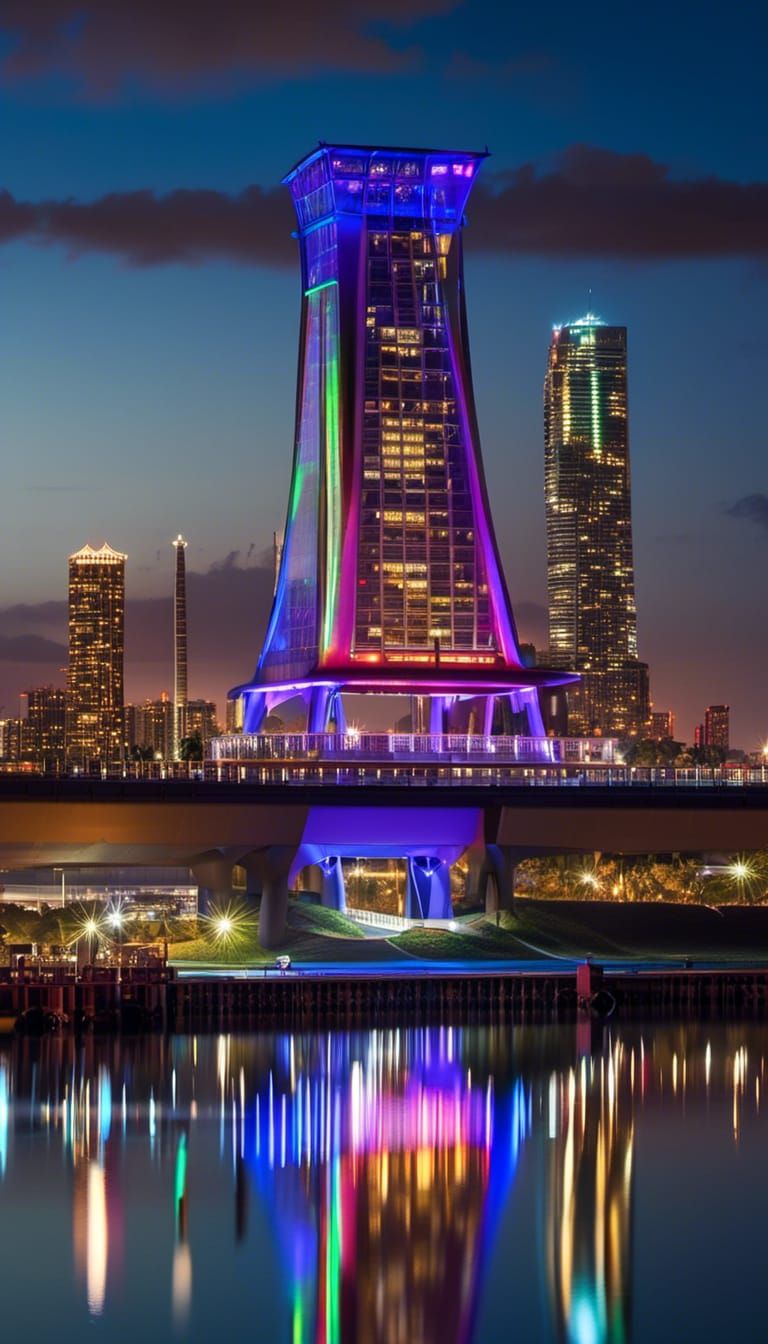Nighttime Waterfront View of Illuminated Landmark