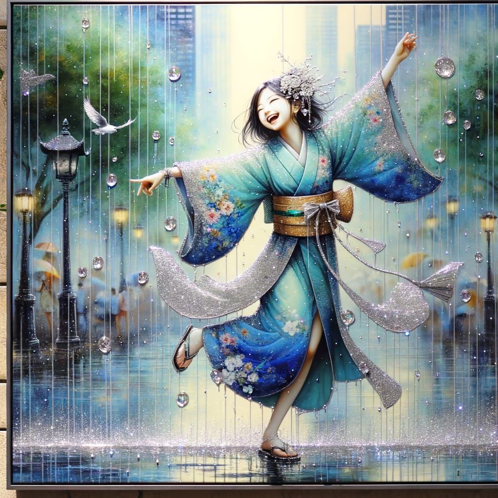 Joyful Woman Dancing in Rainy Park: Alcohol Ink Painting