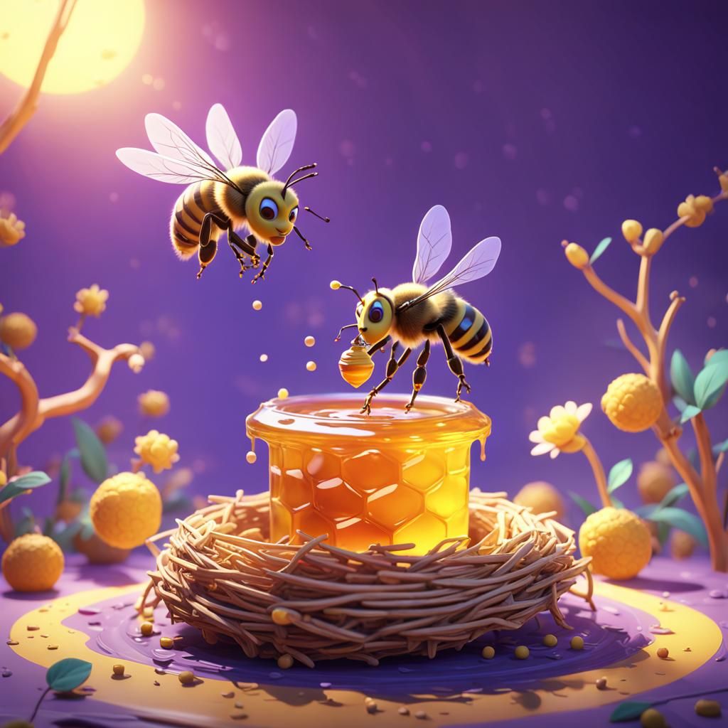Honeybee Cooking Honey: Pixar-Style 3D Digital Art