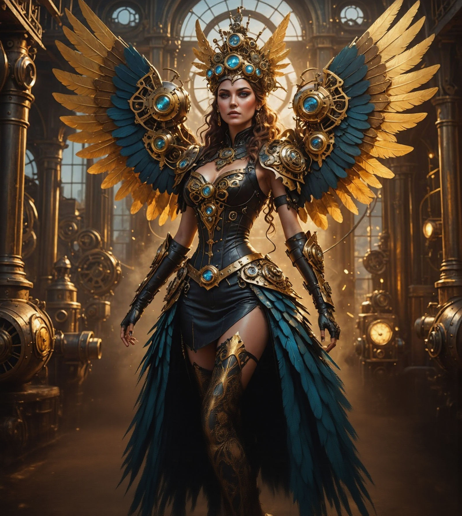 Steampunk Showgirl with Mechanical Wings on Stage