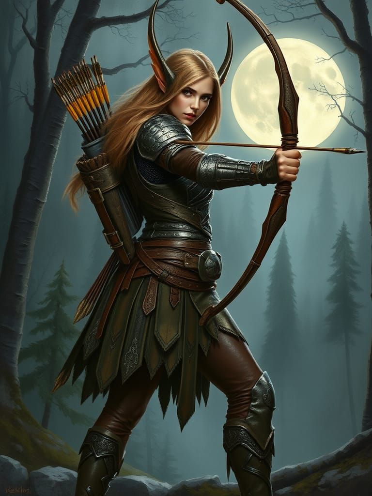 Elven Archer in Moonlit Forest, Fantasy Illustration