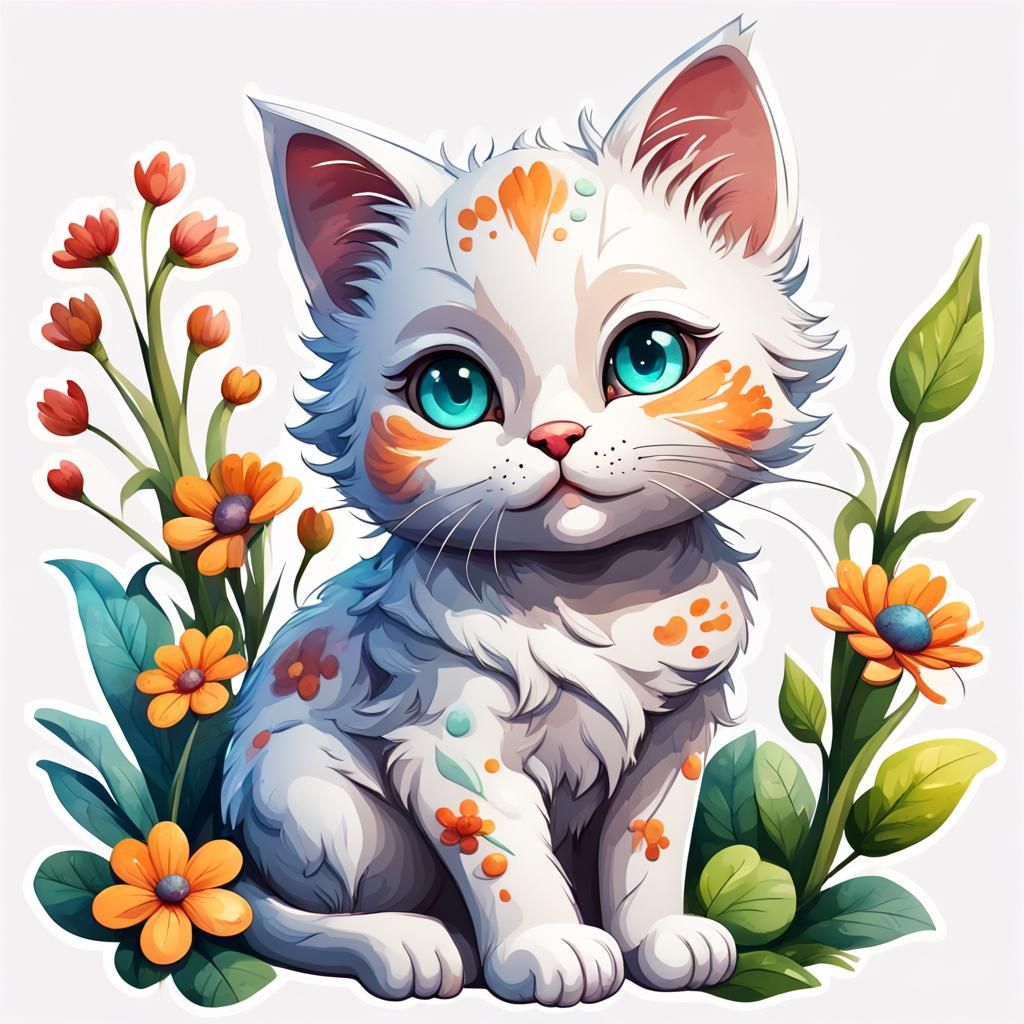 Cute Baby Cat Character Art in Sticker Style