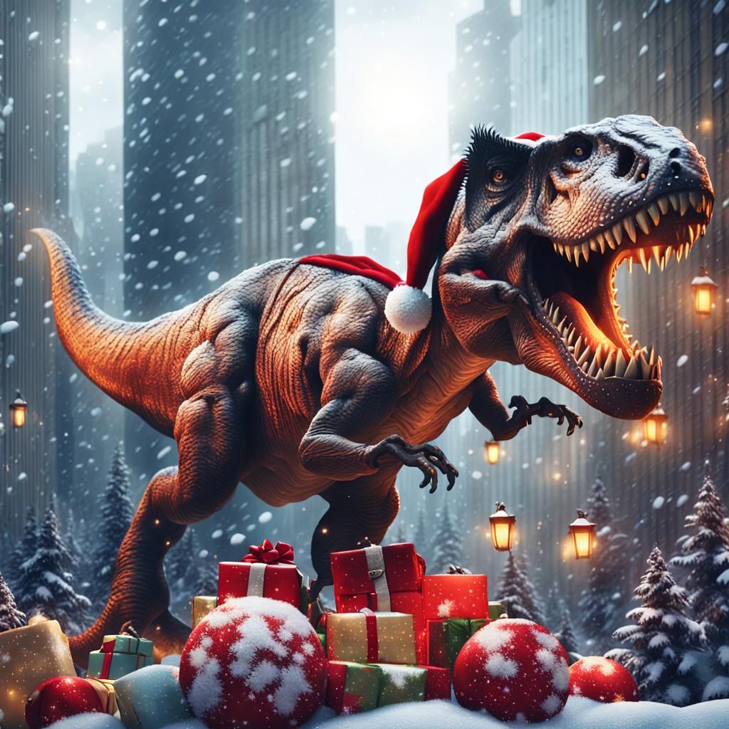 Tyrannosaurus Rex in Festive Santa Attire