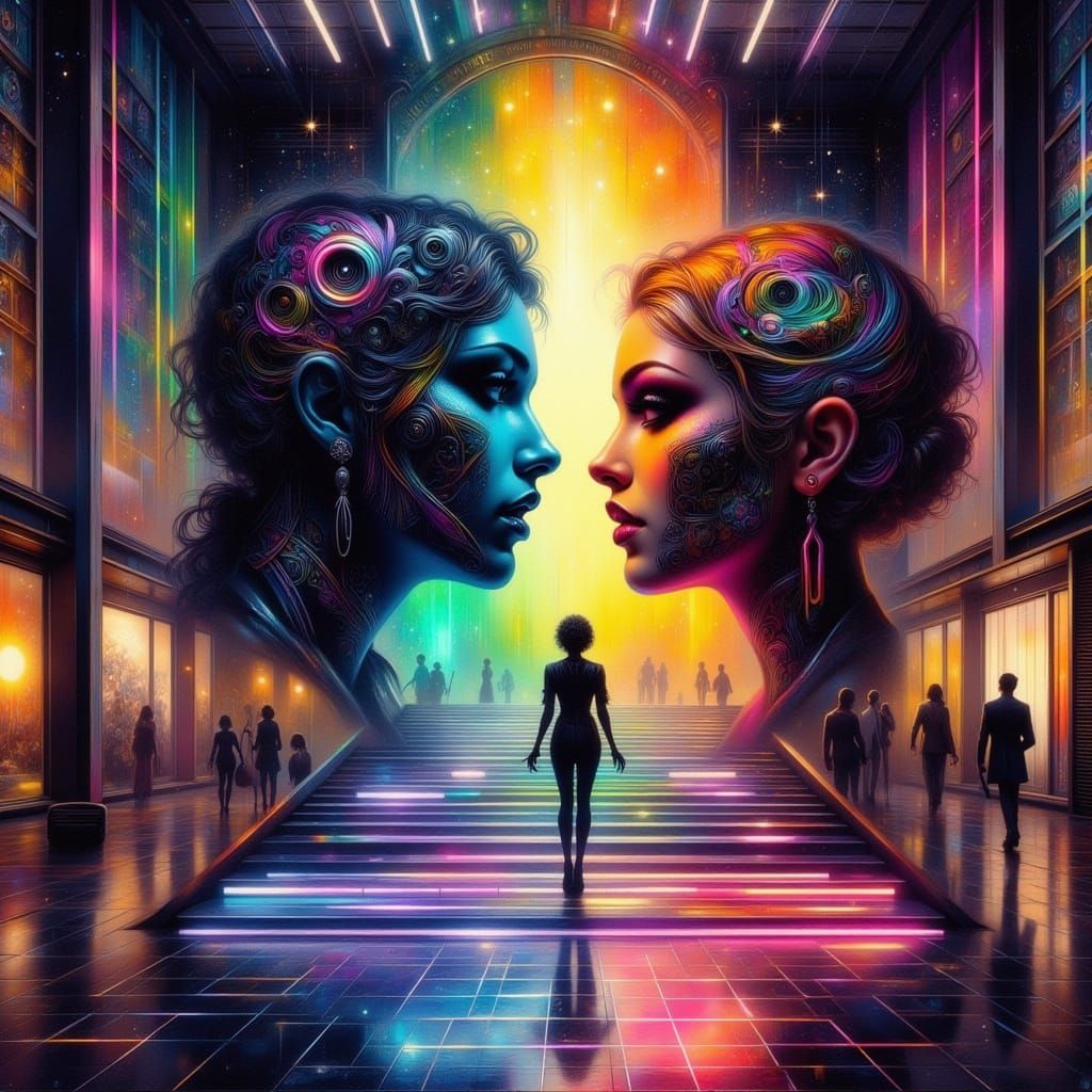 Futuristic Museum Scene with Neon Staircase