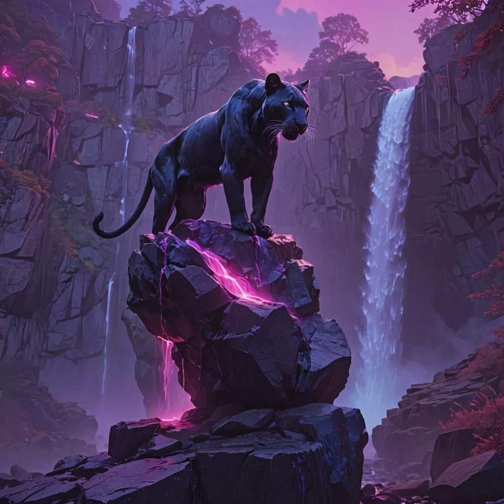Synthwave Panther Overlooking Neon Waterfall in 3D
