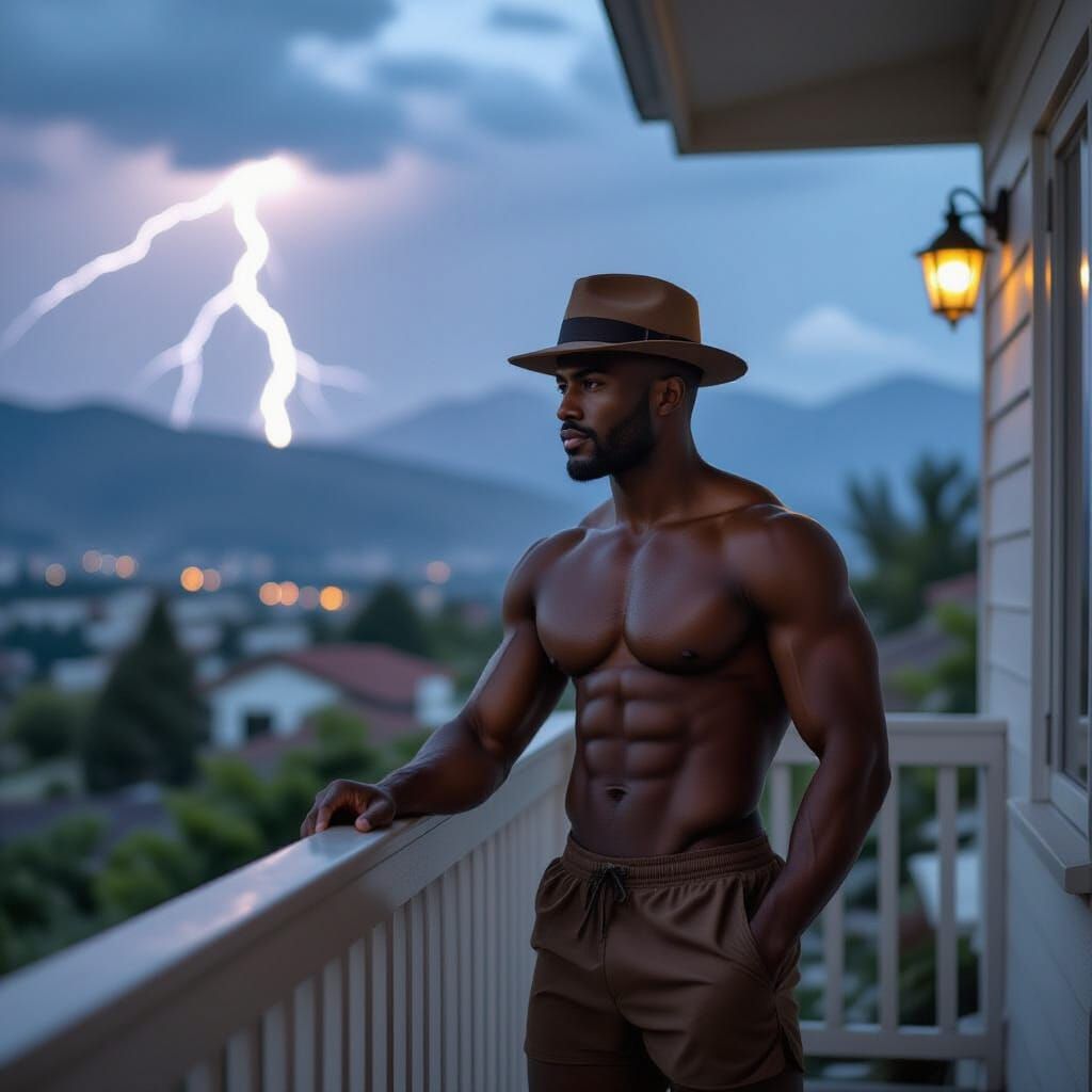 Ethiopian Man Gazing at Mountains with Lightning