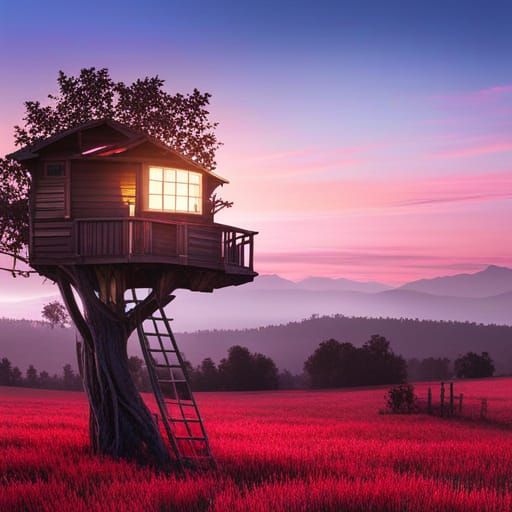 Sunset Treehouse Silhouette: Realistic Digital Art