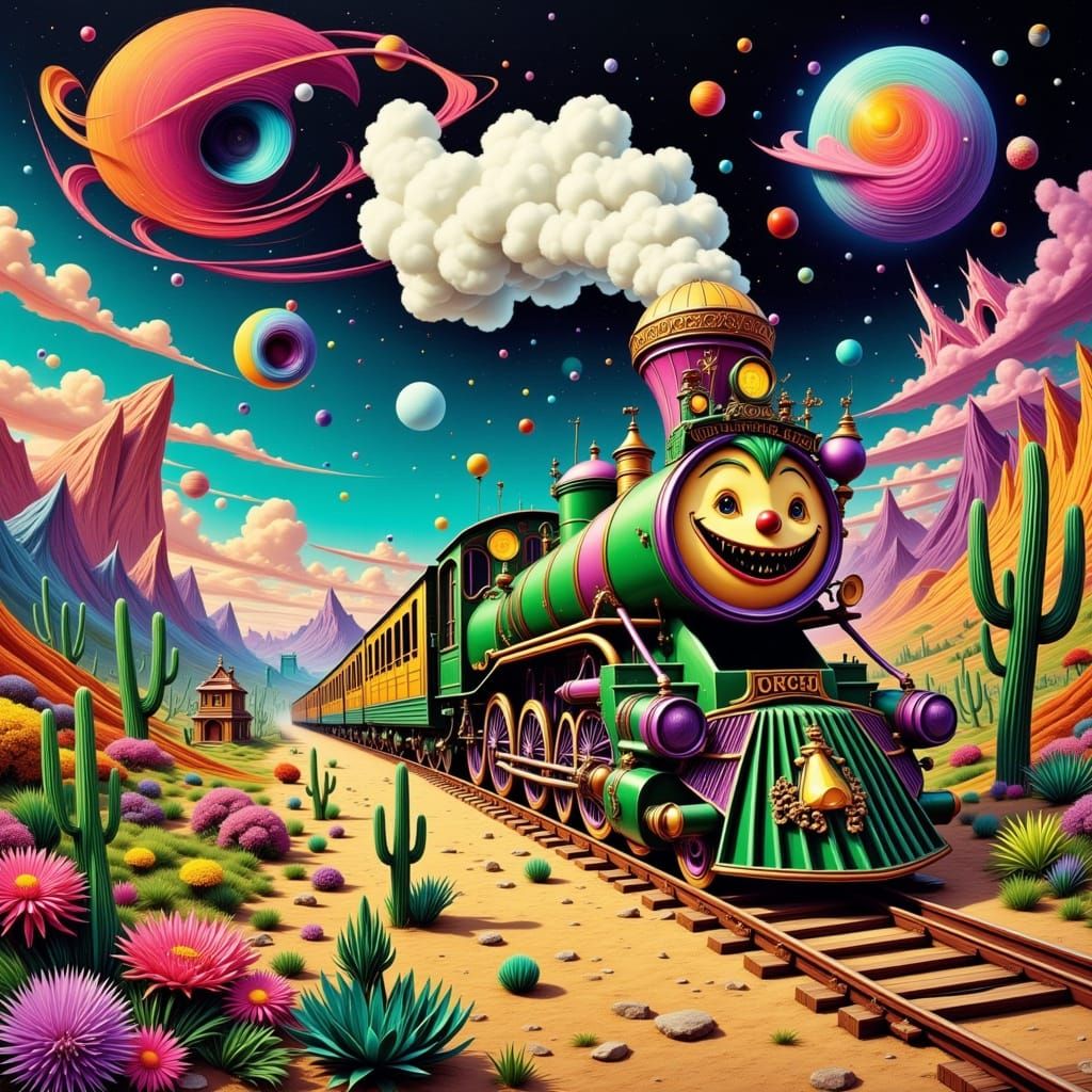 Psychedelic Joker Train in Vibrant Desert Valley