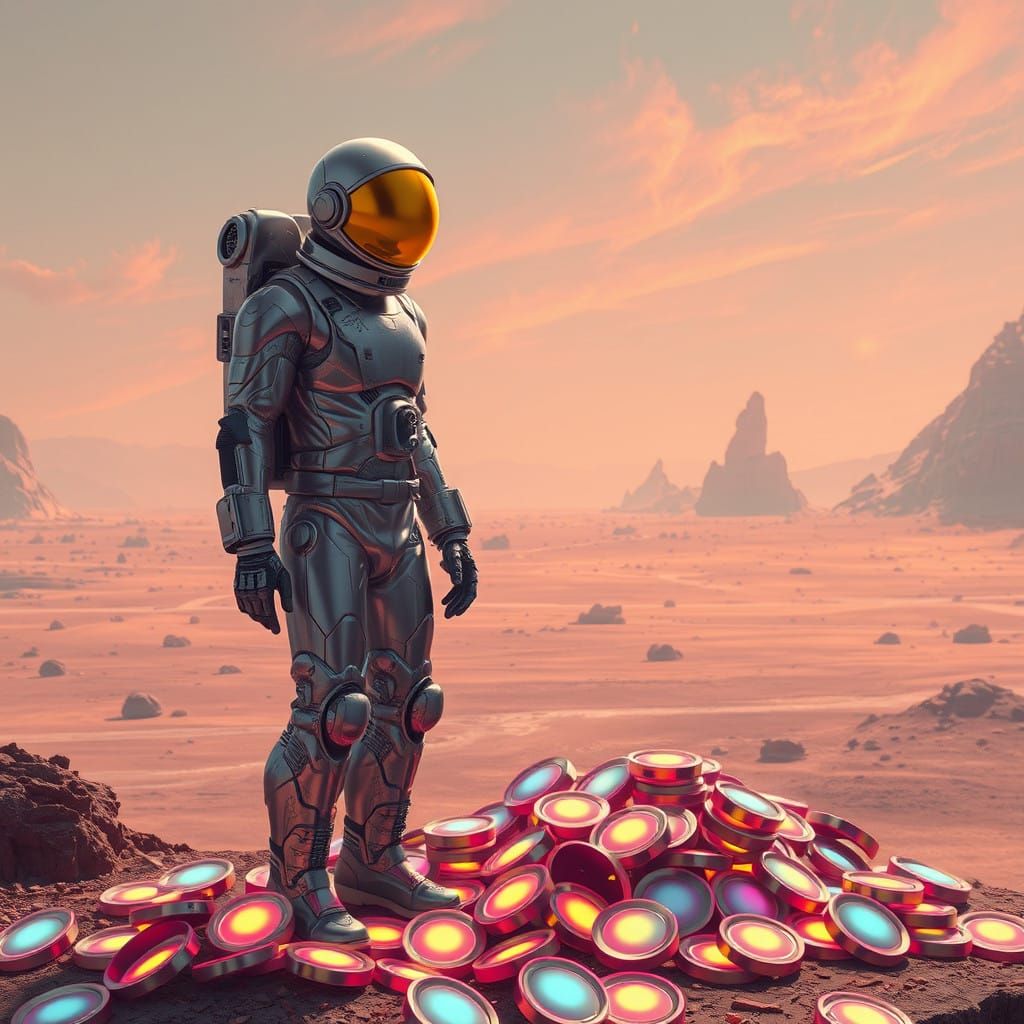 Astronaut Landing on Alien Planet Amidst Glowing Tokens