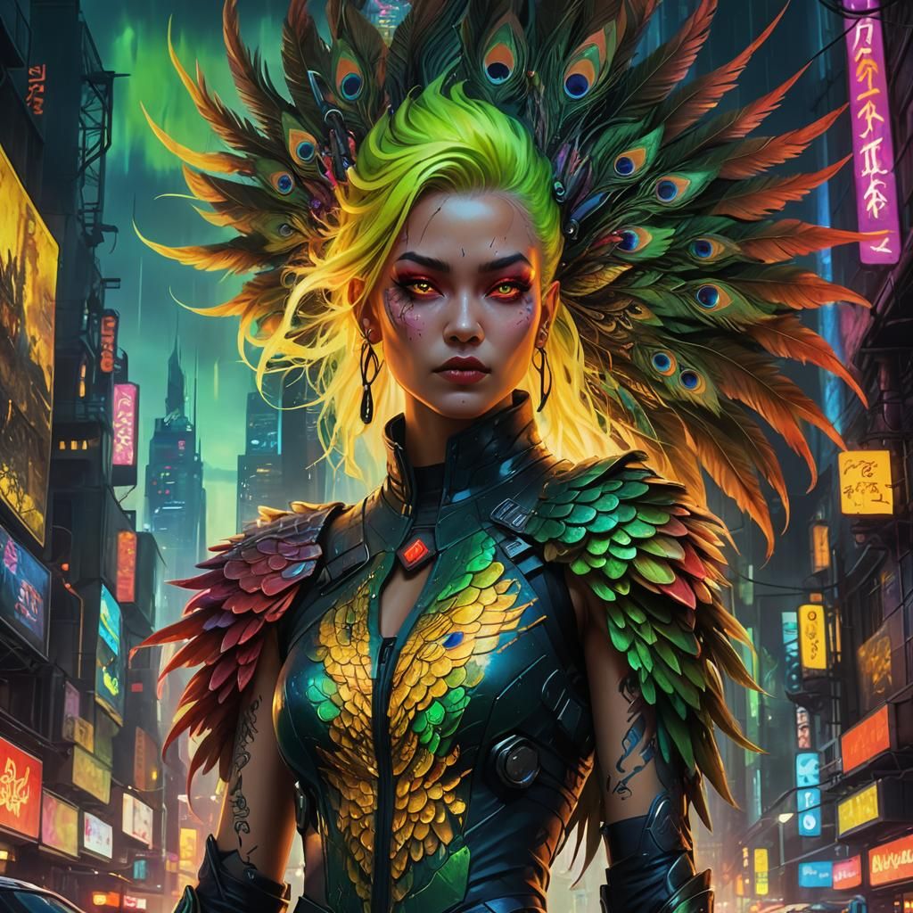 Cyberpunk Dragon Peacock Woman in Neon Cityscape