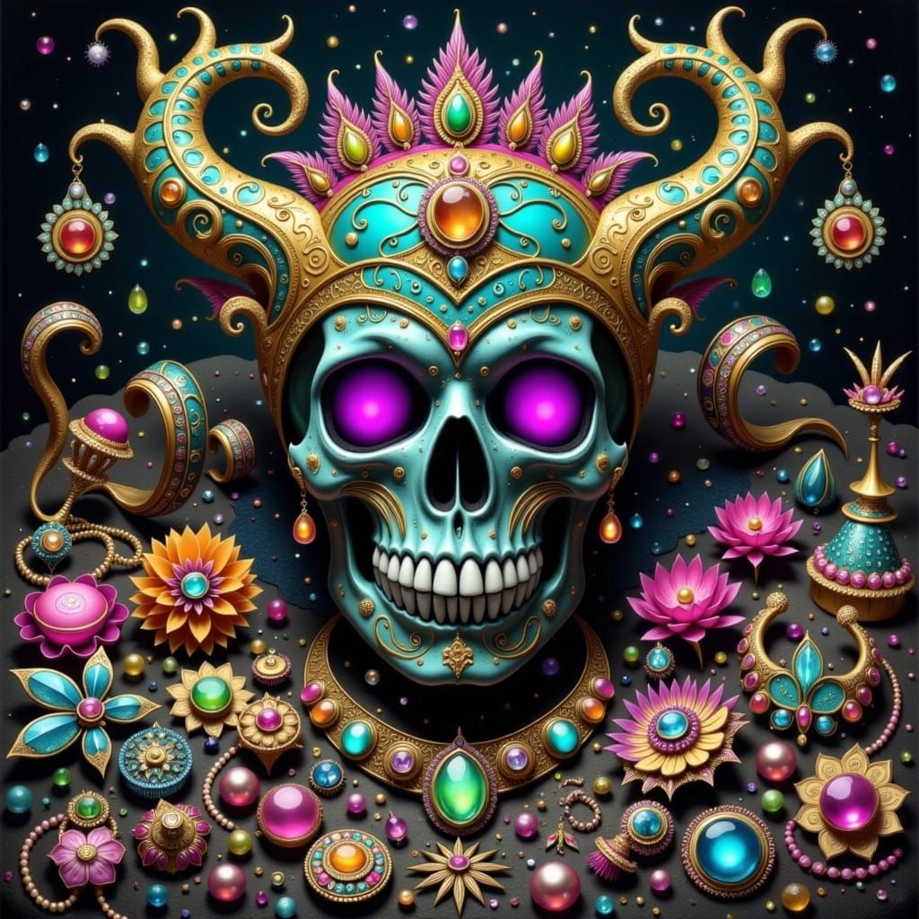 Ornate Amazonian Skull Crown with Jewels and Treasures