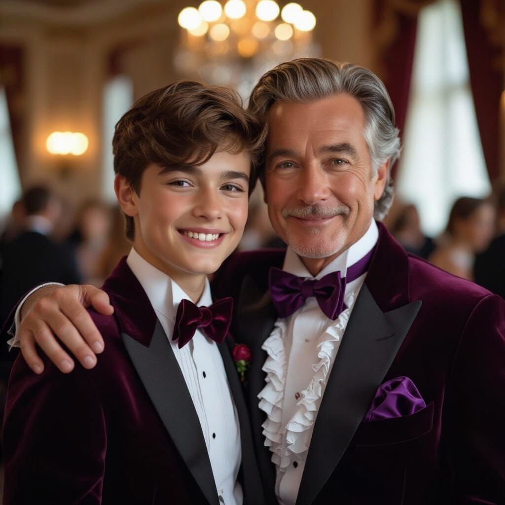 Teenager and Older Man in Velvet Tuxedos in Ballroom