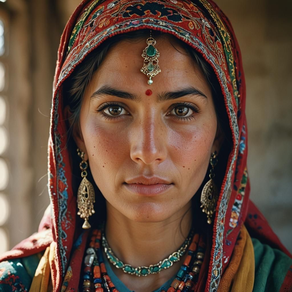 Afghan Woman Portrait in Traditional Dress: Photorealistic D...