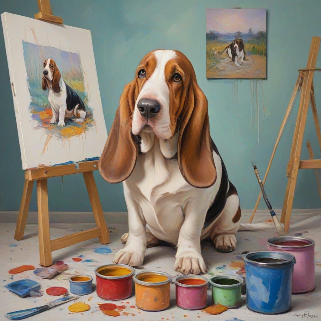 Basset Hound Painter's Impressionist Studio