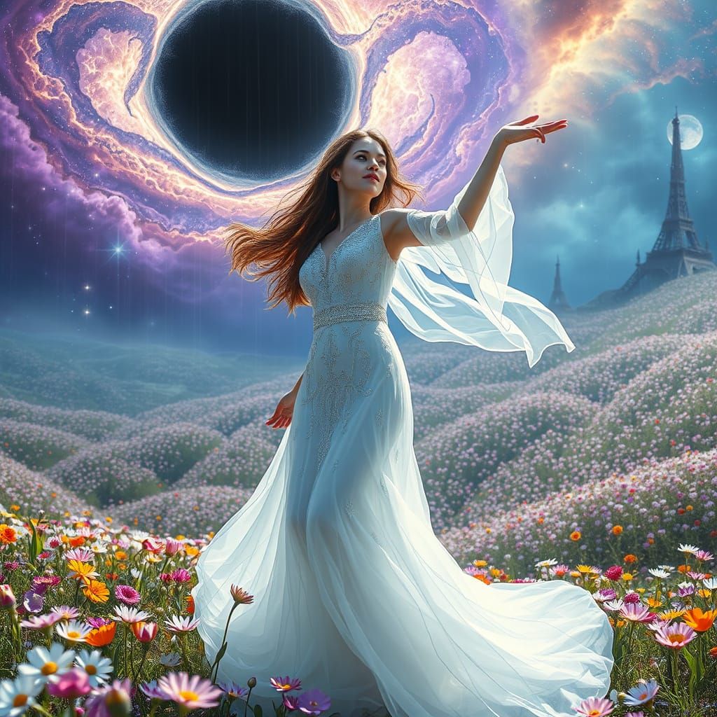 Ethereal Woman Dancing Under a Nebula