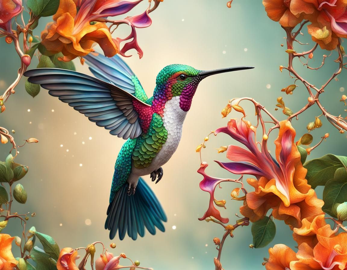 Agate Hummingbird Among Trumpet Vines: 3D Art