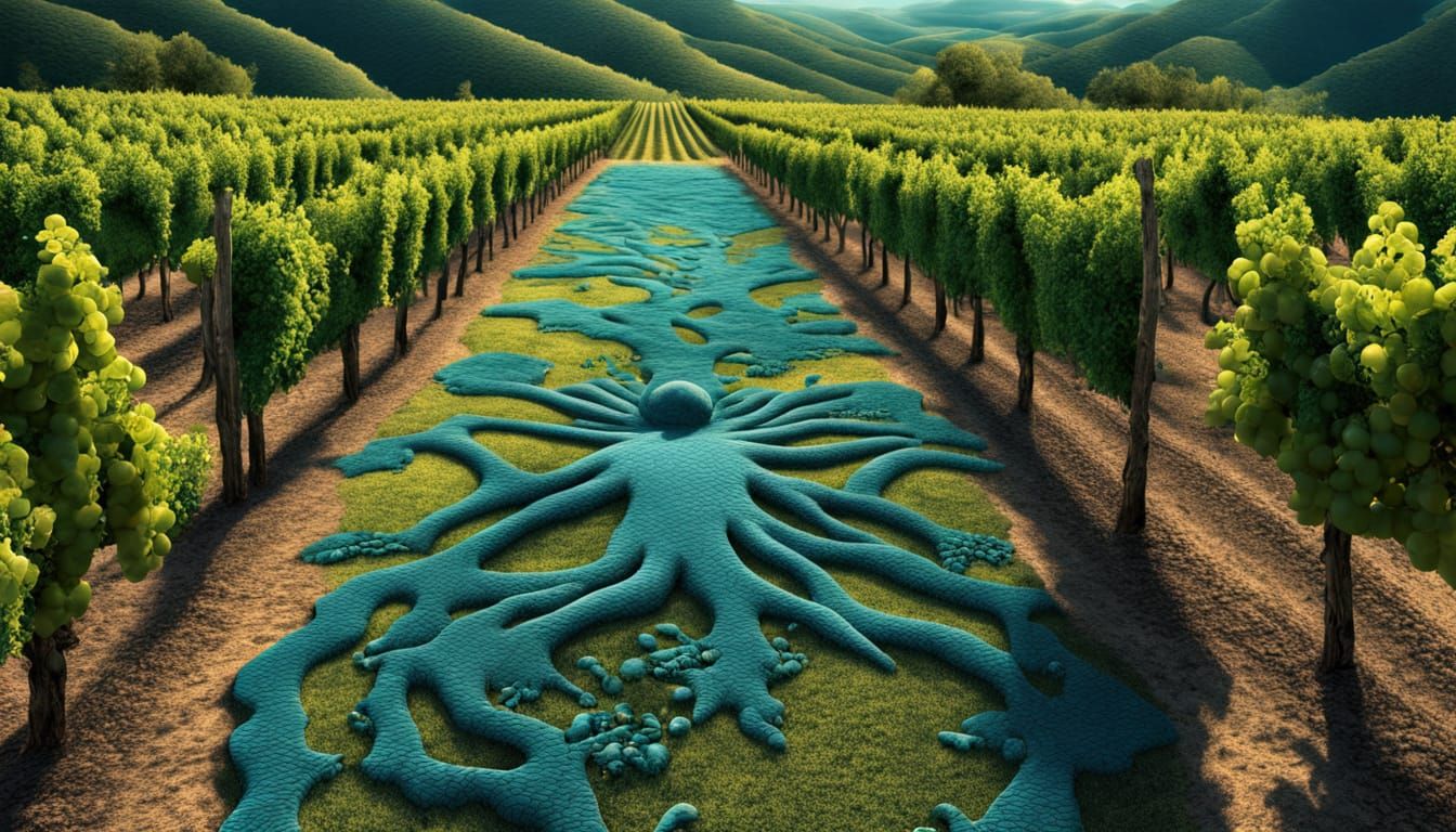 Ethereal Vineyard Scene in Surreal Bio Art Style