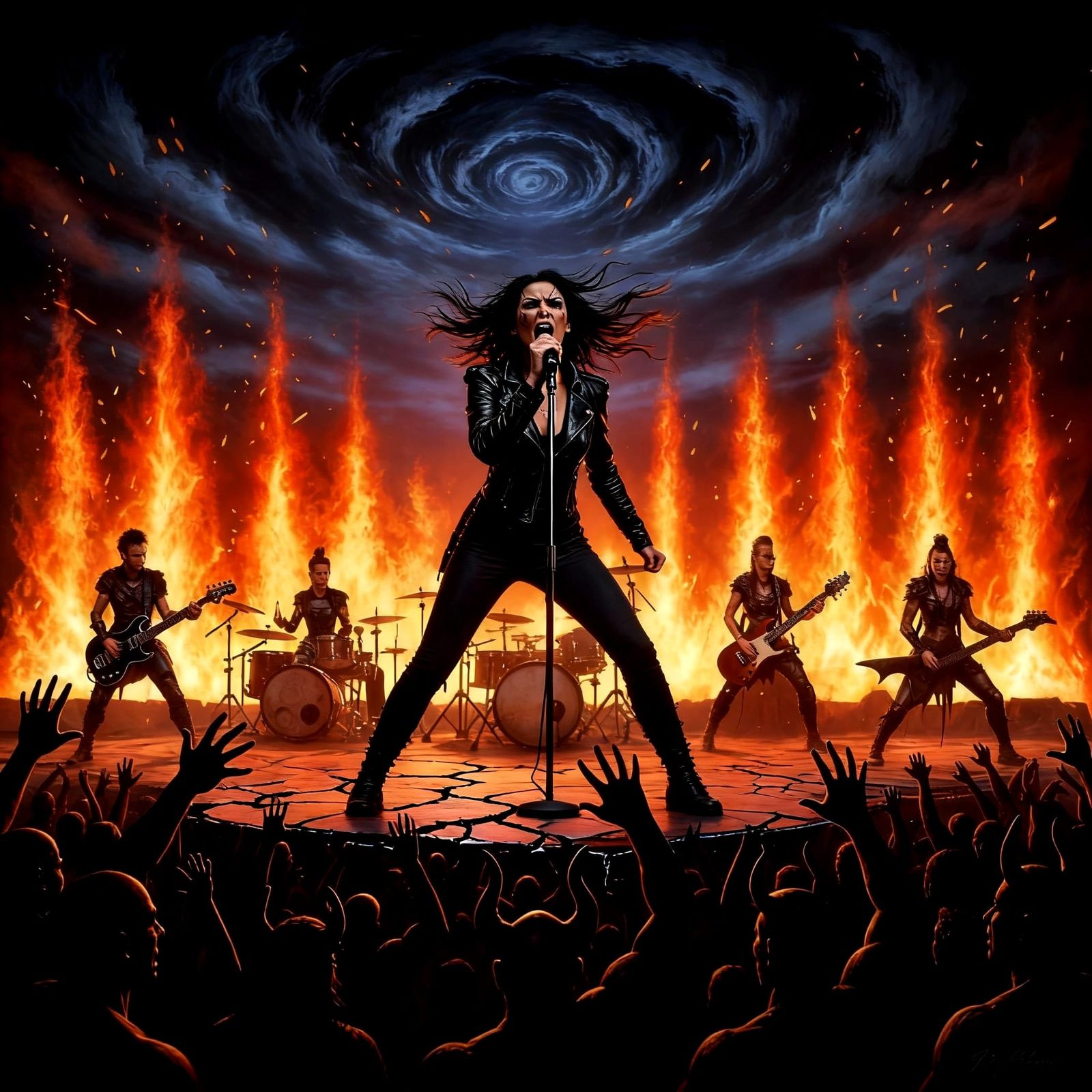 Female Heavy Metal Singer on Fiery Stage