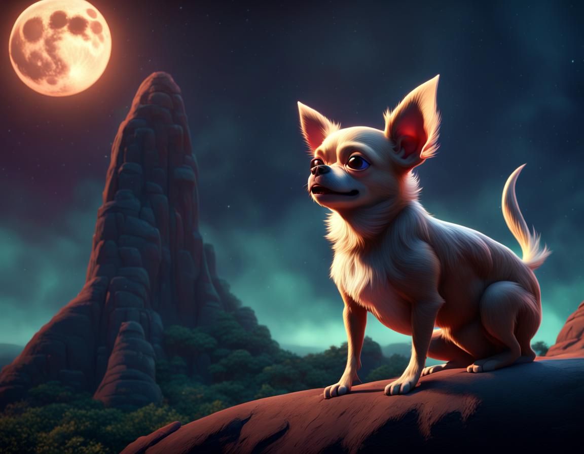 A short-hair chihuahua howls to the moon; it is spooky; a gi...
