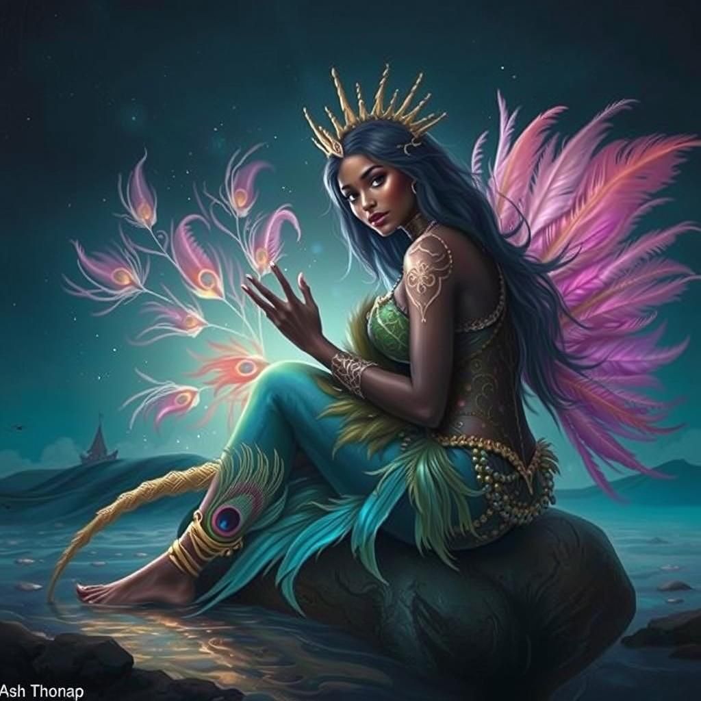 Mermaid with Pink Peacock Tail in Fragonard Style