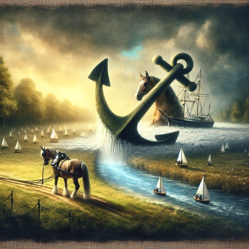 Surreal Horse Pulls Anchor: An Oil Painting