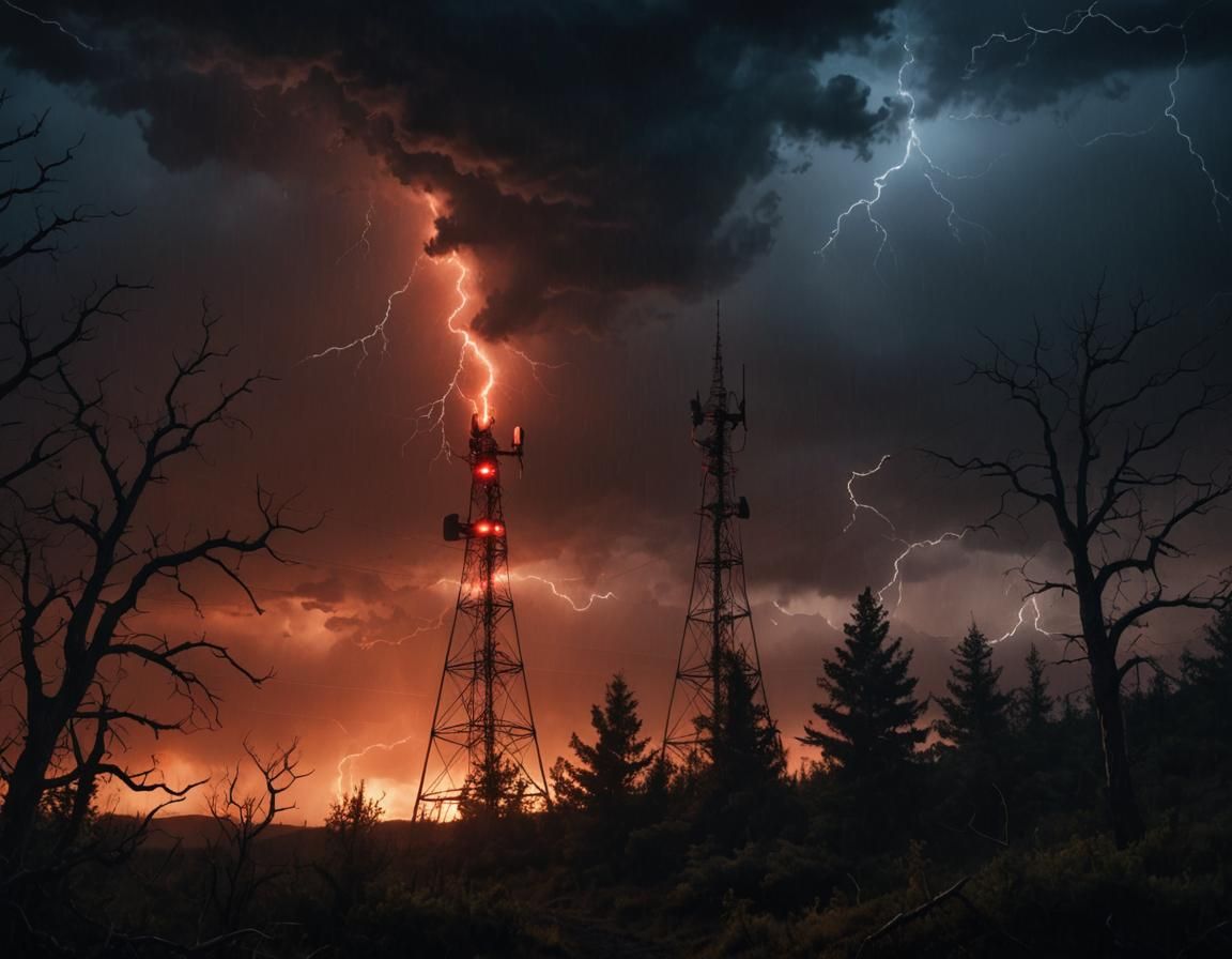 Surreal Radio Tower Amidst Violent Thunderstorm