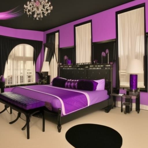 Purple lightning bedroom with Black walls with purple lightn...