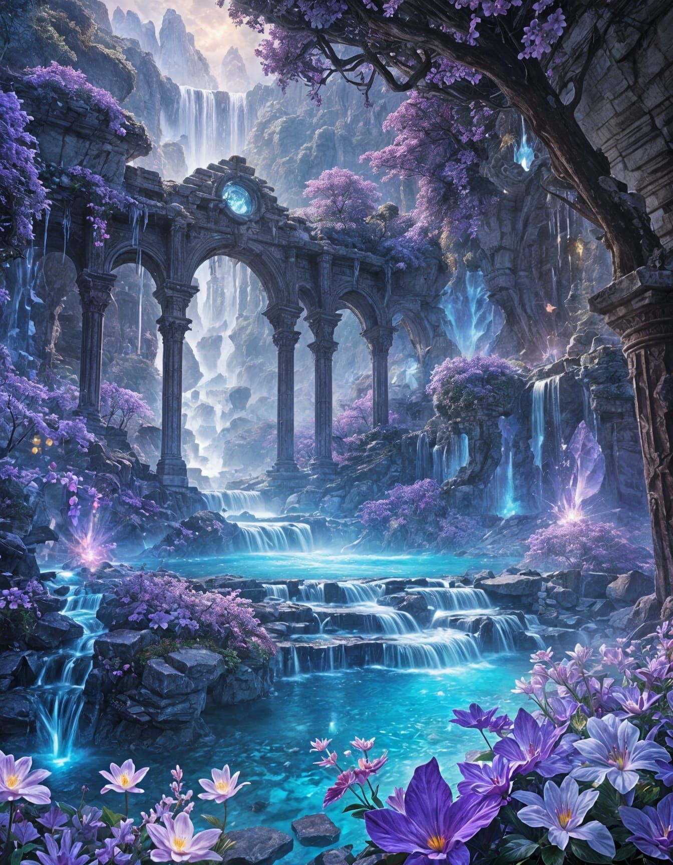 Crystal Waterfall Valley with Glowing Runes