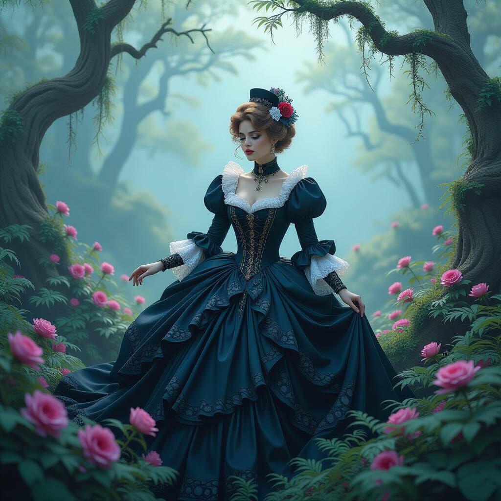 Victorian Woman in Ethereal Forest, Digital Art