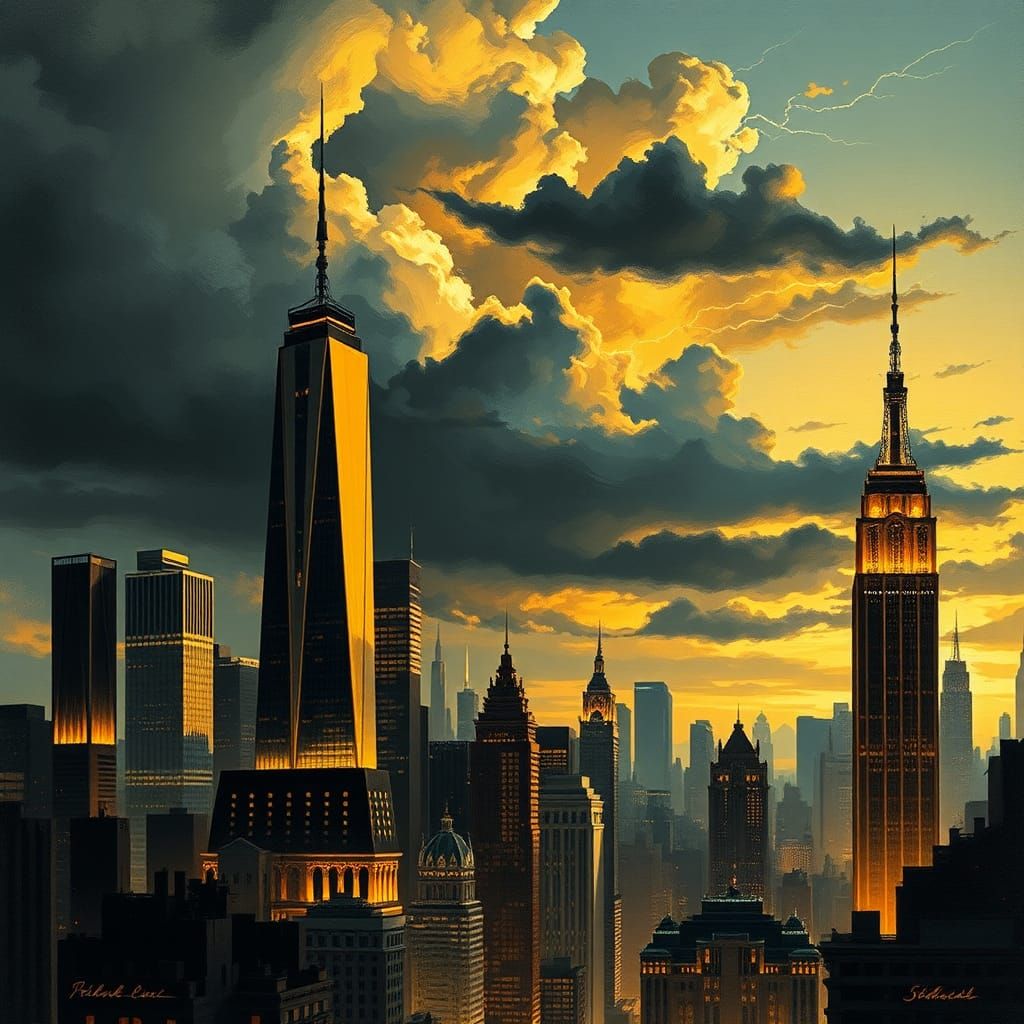 Art Deco Cityscape at Dusk in Gold and Black