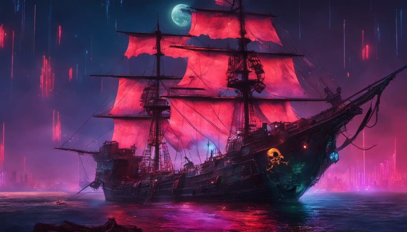 Pirate Ship in Cyberpunk City at Night
