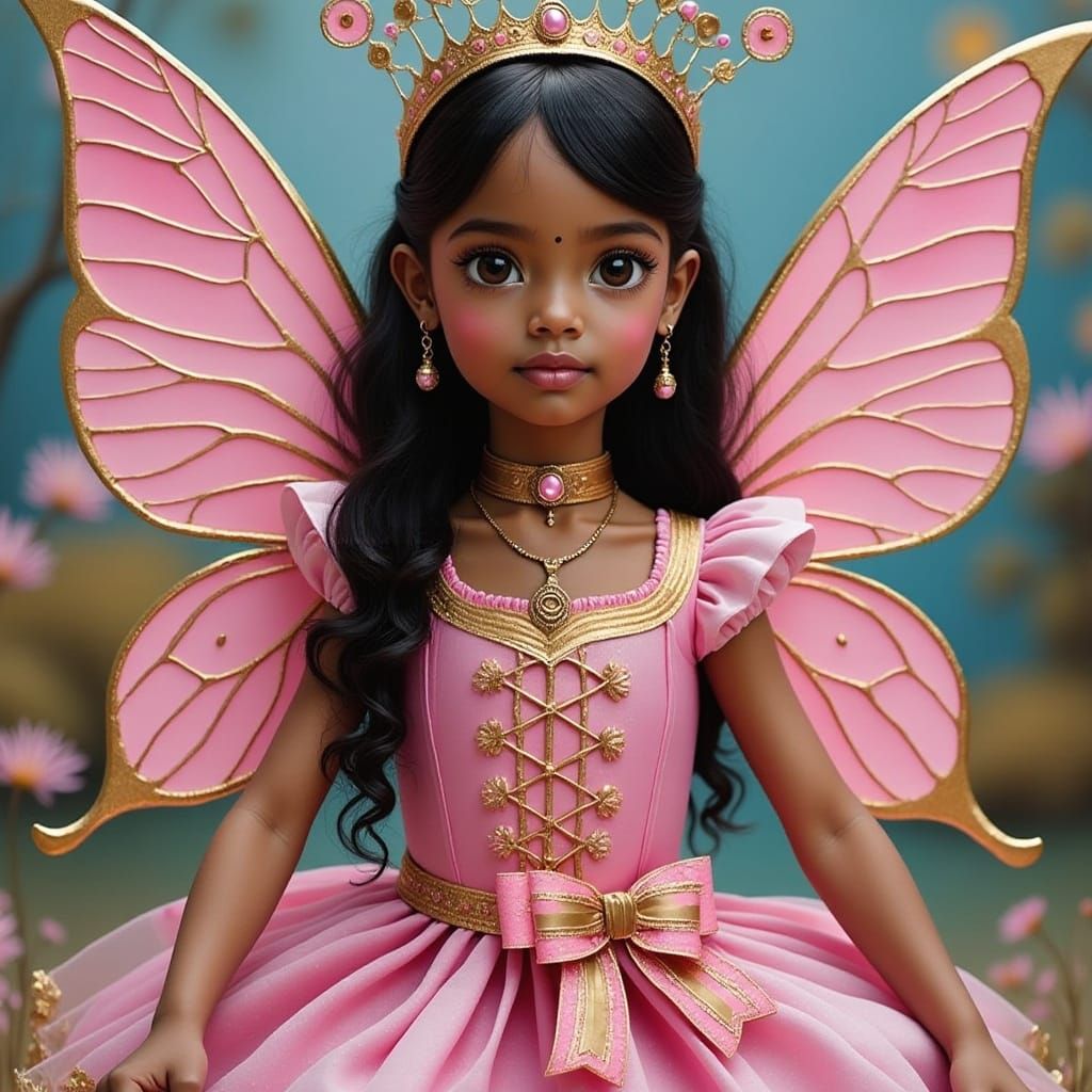 <lora:Gold and pink:1.0> winged Black female fairy, in the outfit with ribbon print, pastel colors and a choker, followi...