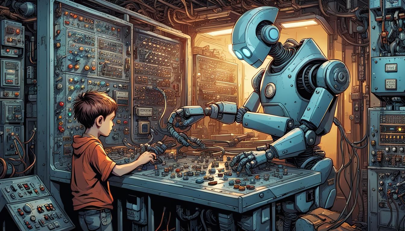 Robot and Boy Repairing Control Panel, Comic Book Art