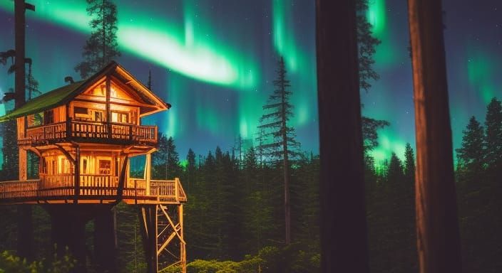 hyper detailed intricate  beautiful  tree house in a dense giant redwood tree forest at night soft green northern lights...