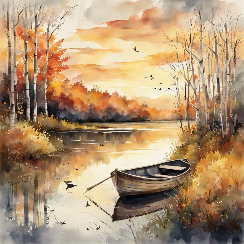 Rowboat in Autumn Birch Forest at Sunset, Watercolour Style