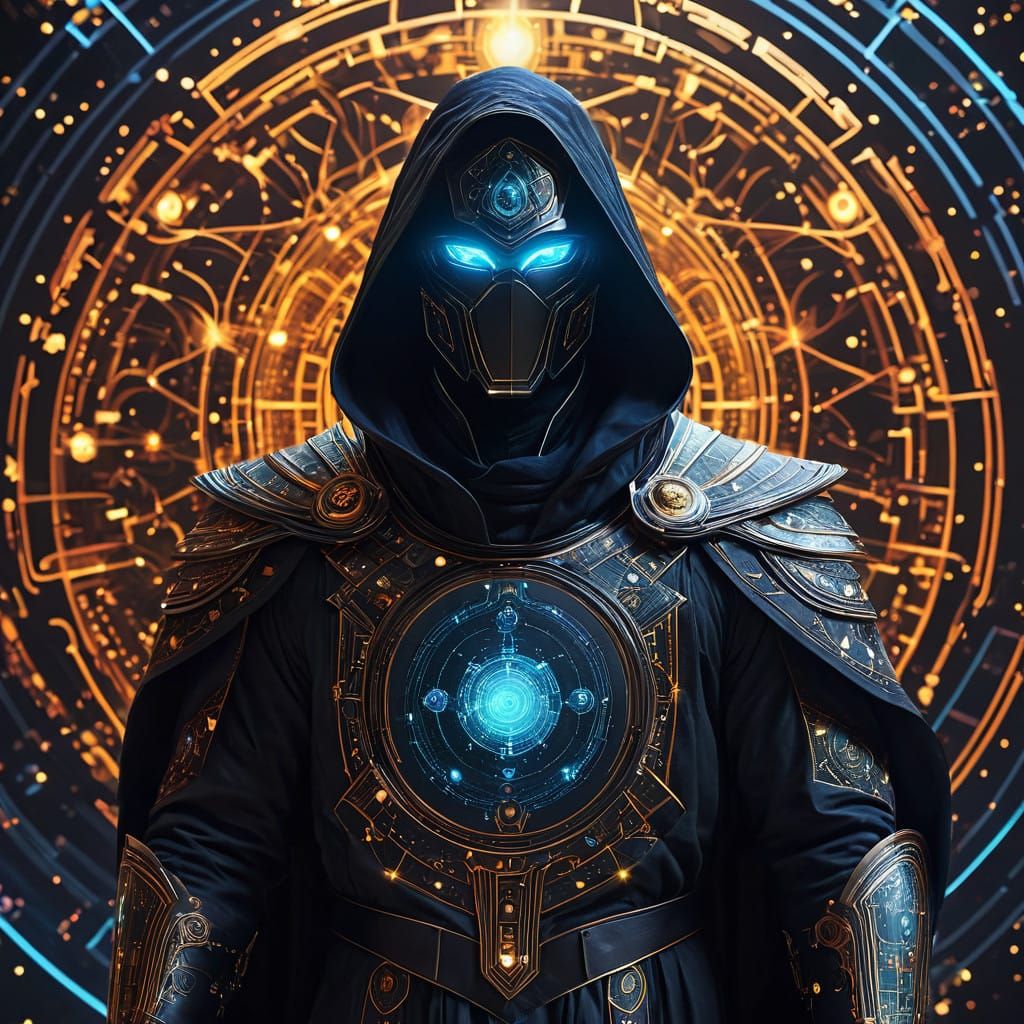 Digital Sorcerer Amidst Cosmic Backdrop