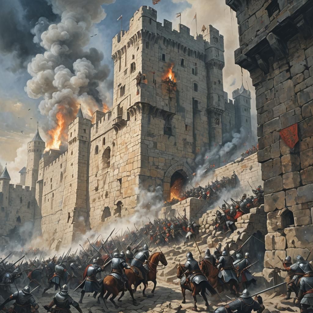 Medieval Siege: Stone Fortress in Dramatic Painting