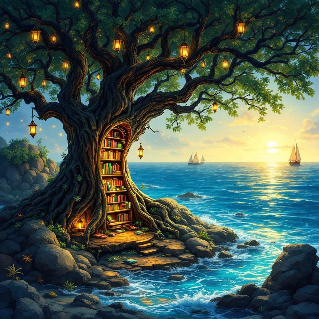 Ocean's Edge: Tree Bookshelf with Nautilus Library