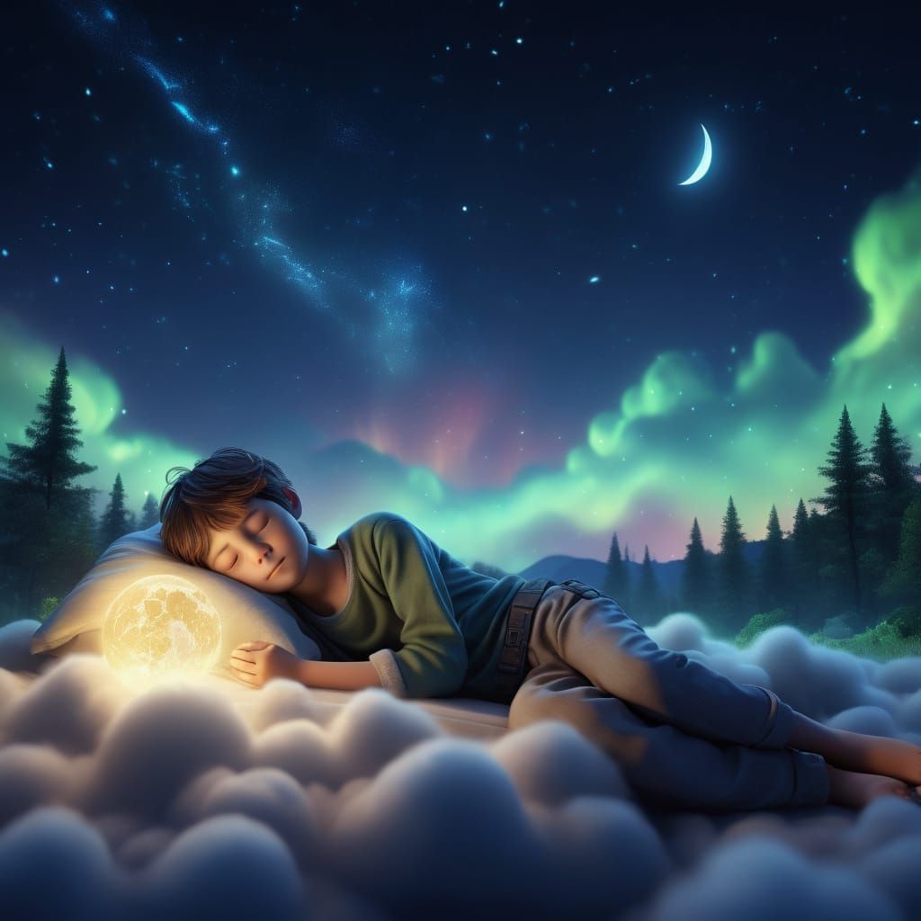 Dreaming Boy on Moon Cradle Under Aurora