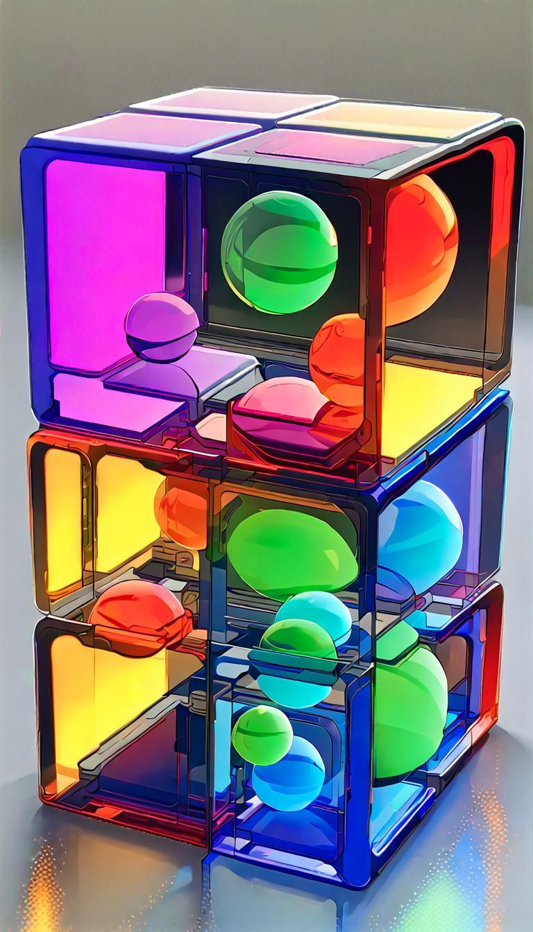 Rainbow Spheres in Glass Cube: Hyperrealistic Psychedelic Ar...