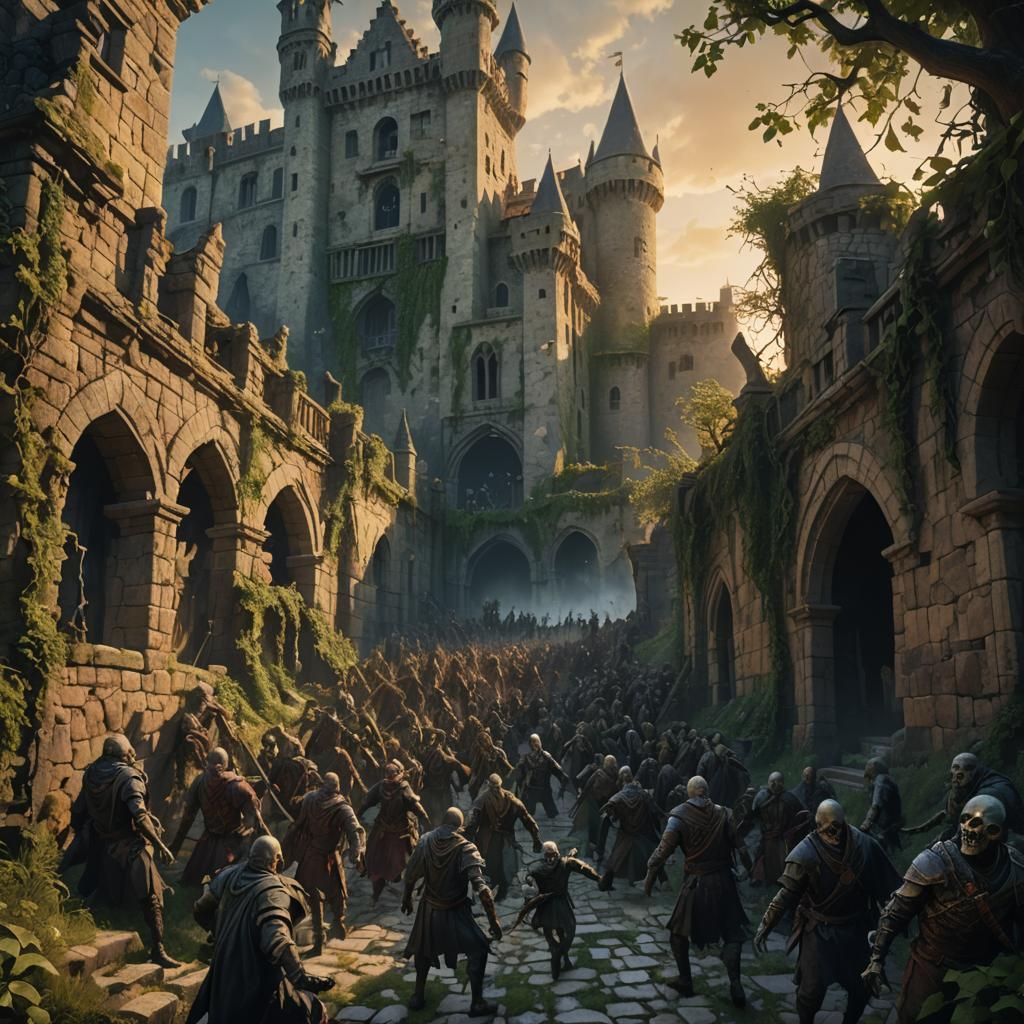 Zombies Overrunning Castle in Dark Fantasy Painting