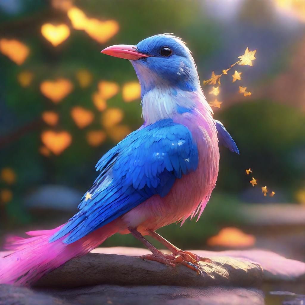 Colorful Bird with Long Tail and Gold Stars