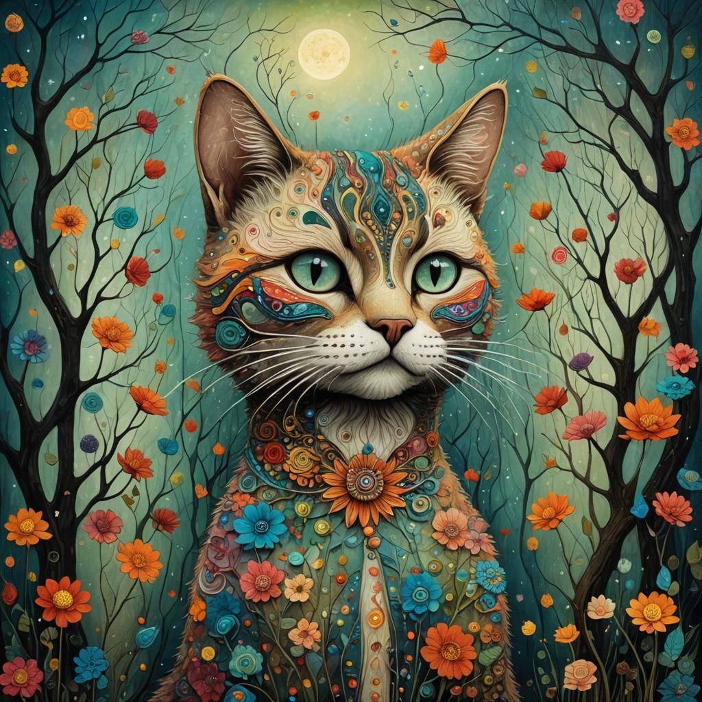 Dreamlike Woman-Cat in Art Brut Style