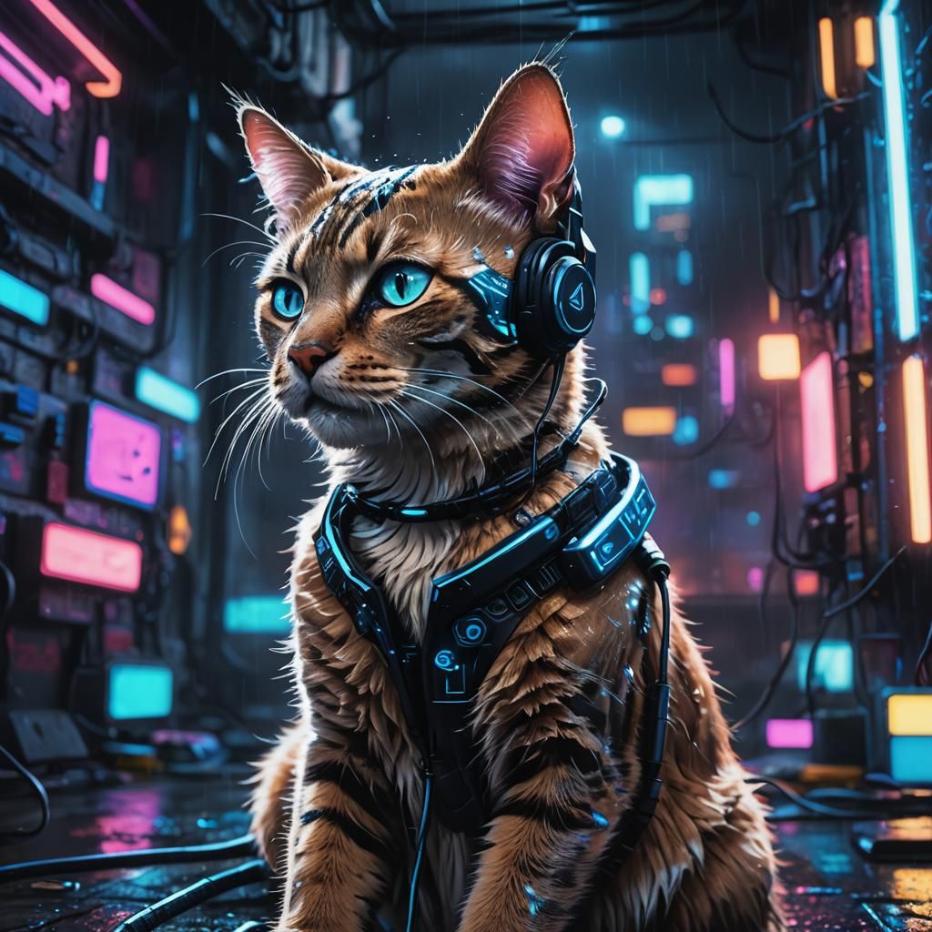 Cyberpunk Cat Portrait in Neon Cityscape