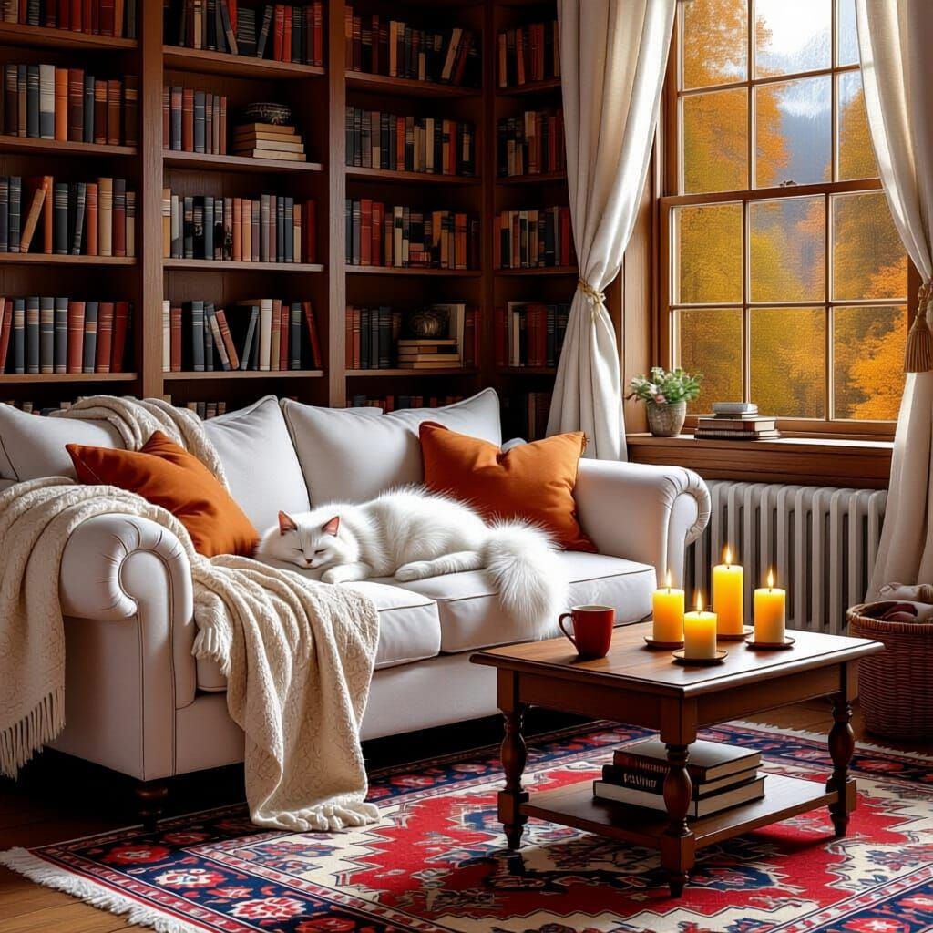 Cozy Book-Lined Room with Sleeping Cat and Forest View