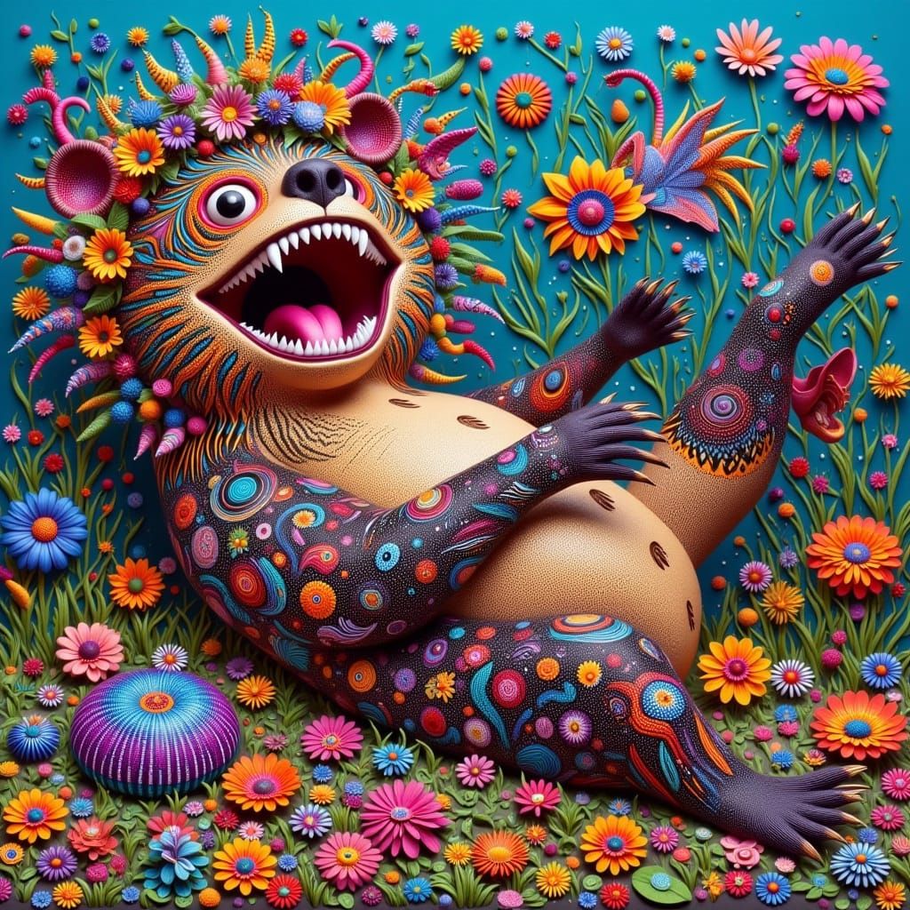 Joyful Alebrije Hyena-Bear in Floral Crown