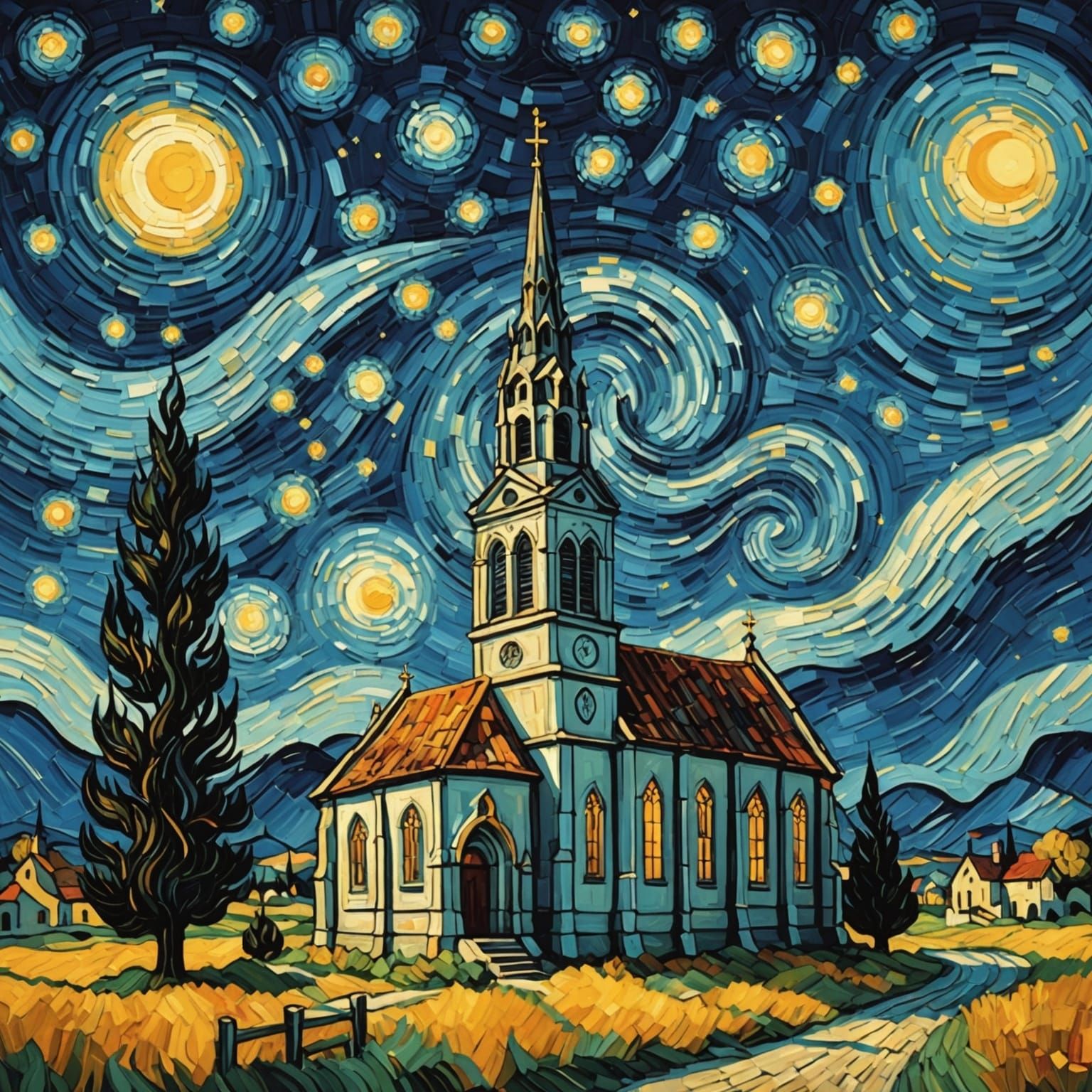 Church in Starry Night, Van Gogh Style Portrait
